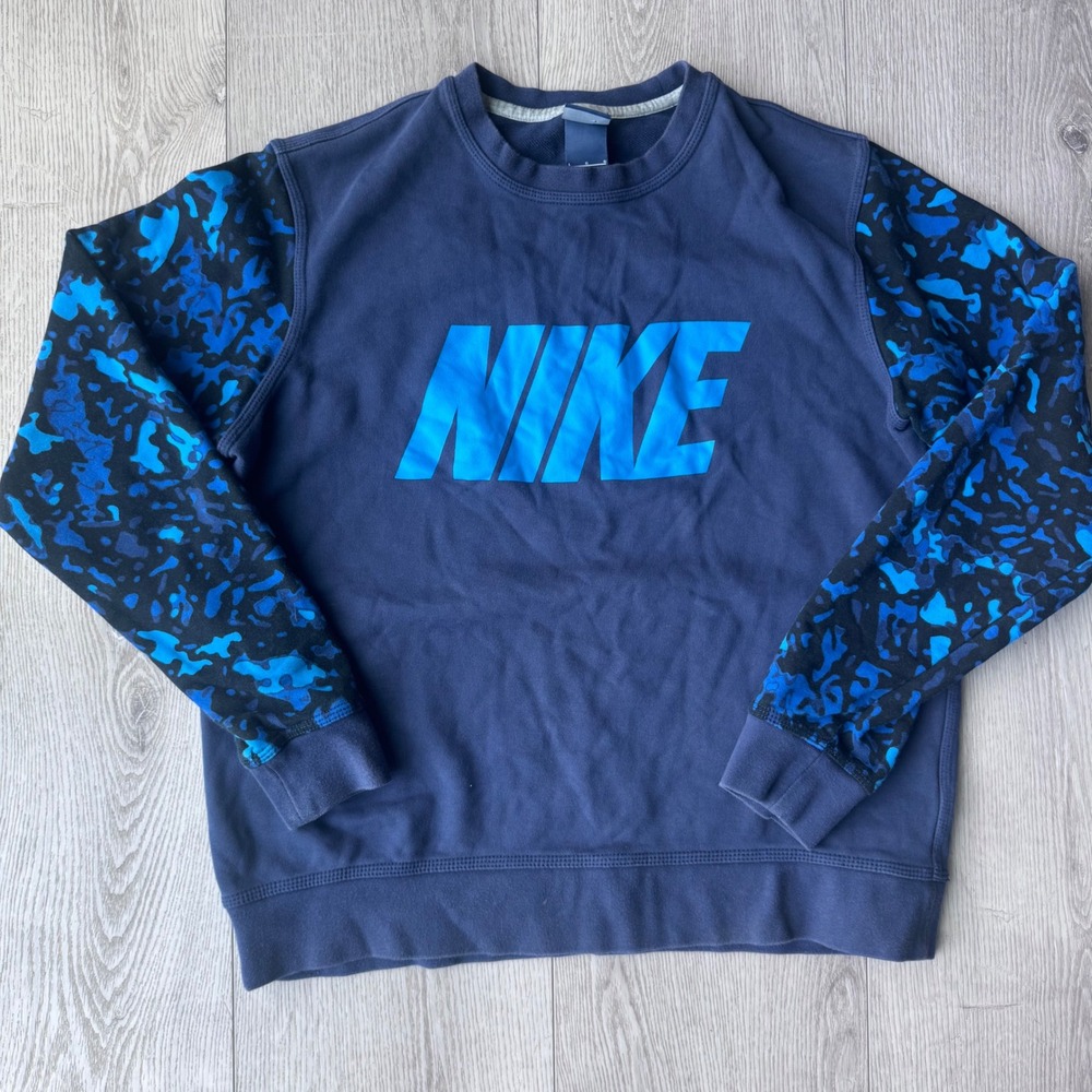 Nike Big Logo Crewneck Sweatshirt Mens Large Blue Camo Sleeves 679389-410